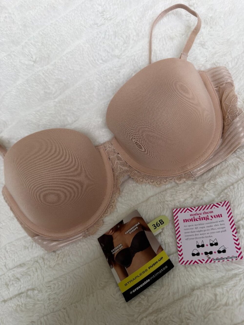 Maidenform 36B Nude Strapless Push-Up Bra Convertible Lace Trim